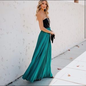 Faux Leather Contrast Pleated Maxi Dress- TEAL